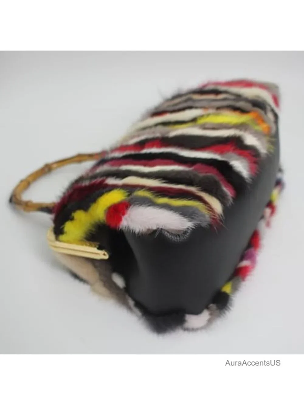 Genuine Mink Fur Animal Print Clutch with Kisslock Frame and Faux Wood Handle